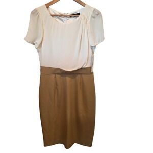 Antonio Melani Silk Bust Sheath Dress 6 Cream Tan Flutter Sleeve Professional
